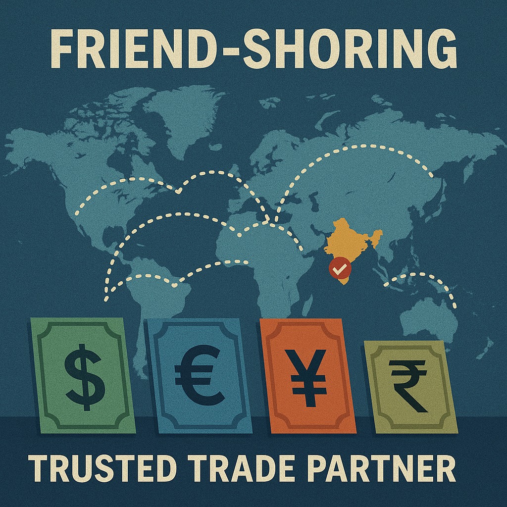 Global supply chain map showing friend-shoring with India highlighted as trusted trade partner