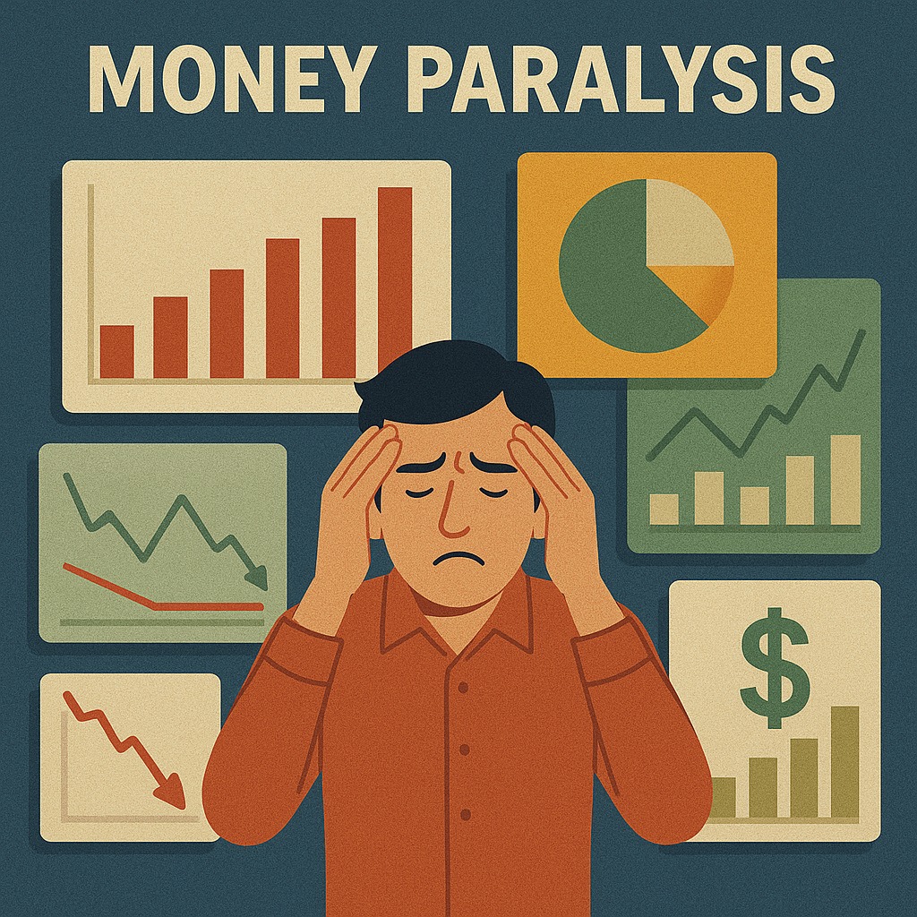 Person overwhelmed by charts, graphs, and financial data representing money paralysis