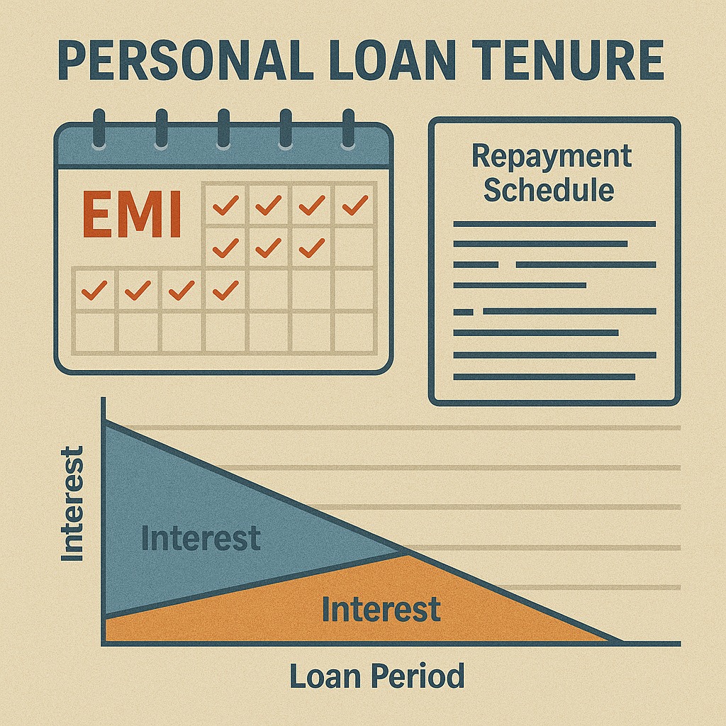 Illustration of personal loan tenure showing EMI calendar, repayment schedule, and interest chart
