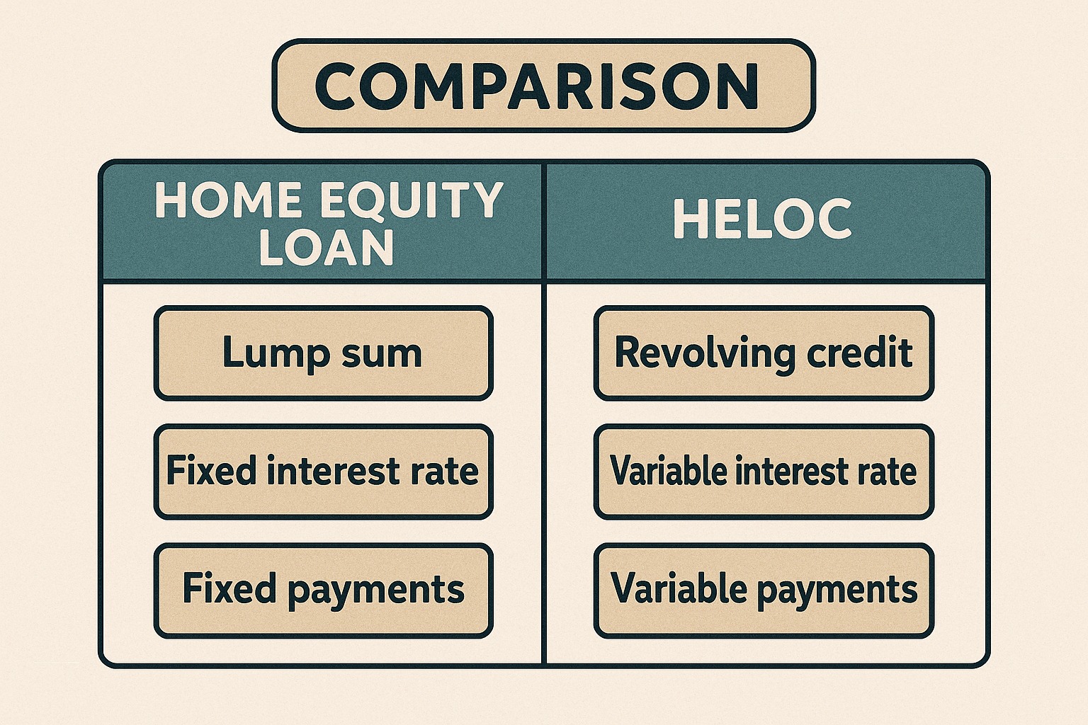 Comparison chart showing differences between home equity loan and HELOC