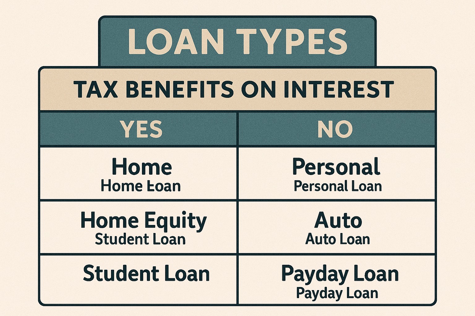 Chart showing which loan types offer tax benefits on interest and which do not