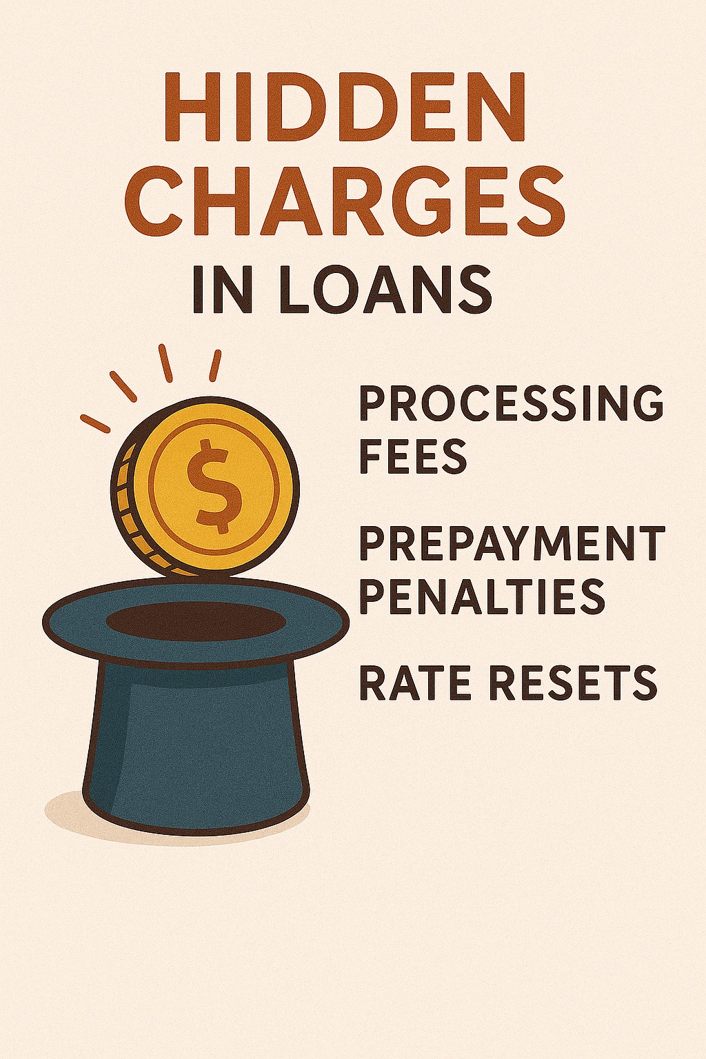 Illustration of hidden charges in loans such as processing fees, prepayment penalties, and rate resets