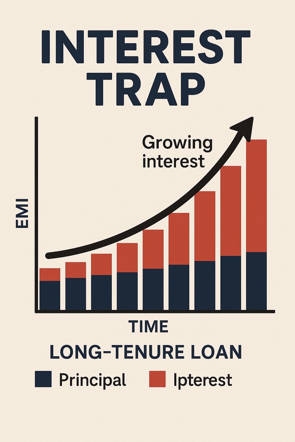 Illustration showing long-tenure loan EMIs growing interest over time, forming an interest trap