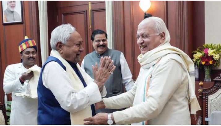 “Nitish Kumar with BJP leaders Samrat Chaudhary and Vijay Kumar Sinha in Patna rally”