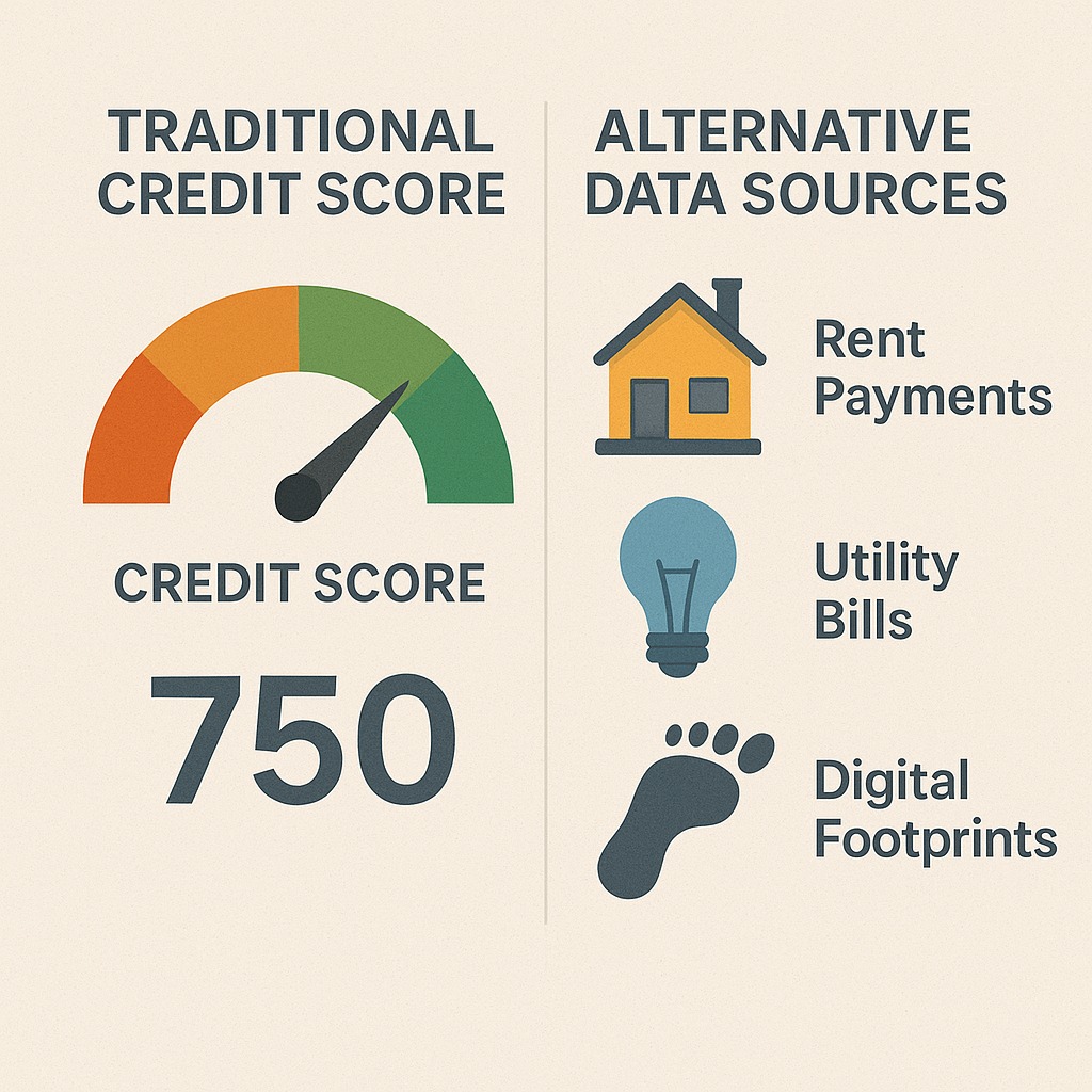 Illustration comparing traditional credit score chart with alternative data sources like rent payments, utility bills, digital footprints