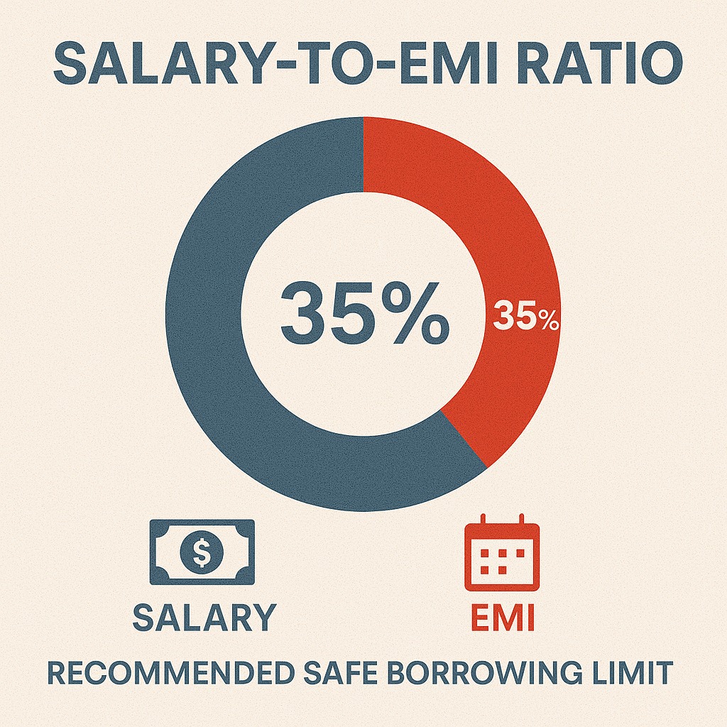 Illustration of a salary-to-EMI ratio showing 35% as the recommended safe borrowing limit