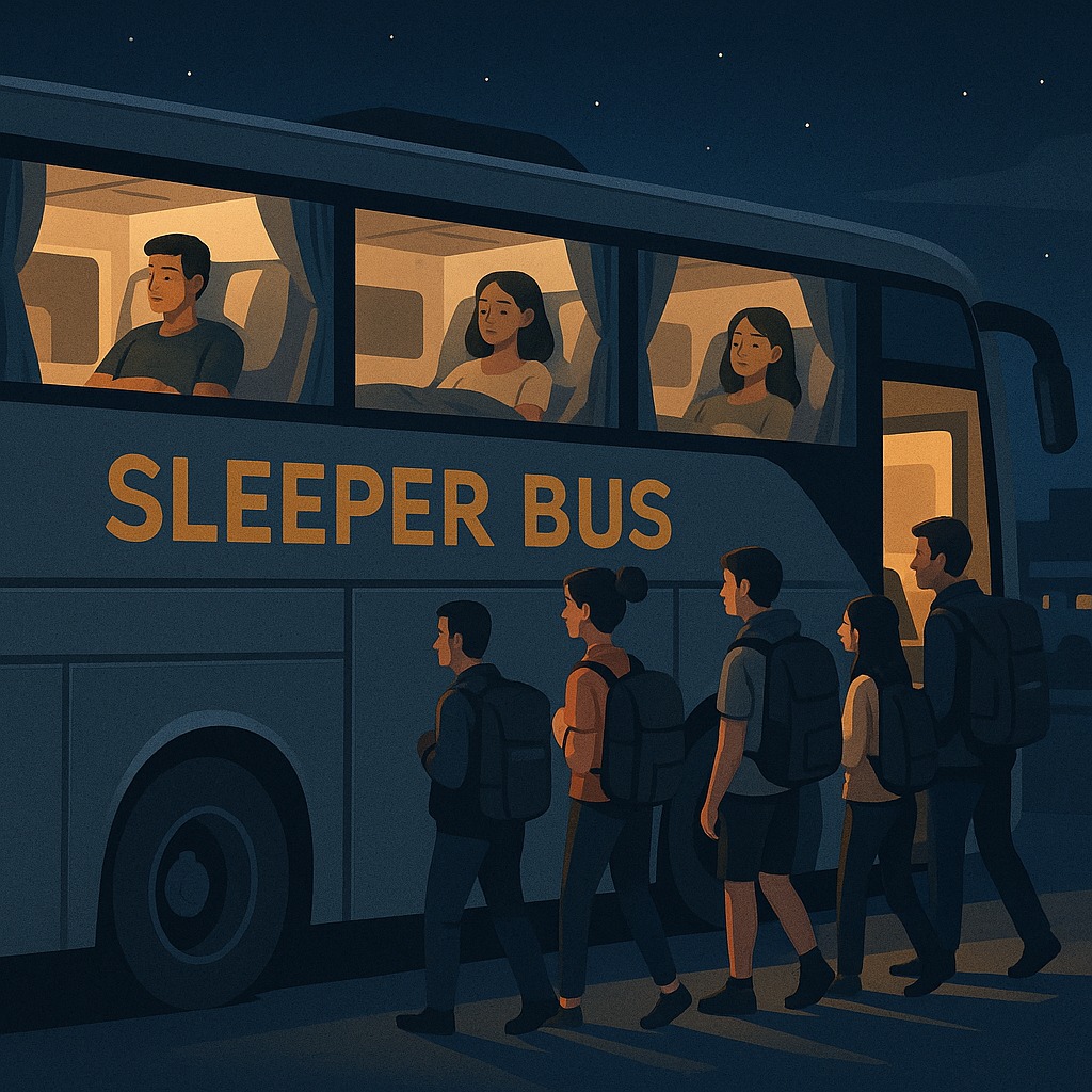 Sleeper bus with passengers boarding at night showing rise in intercity travel
