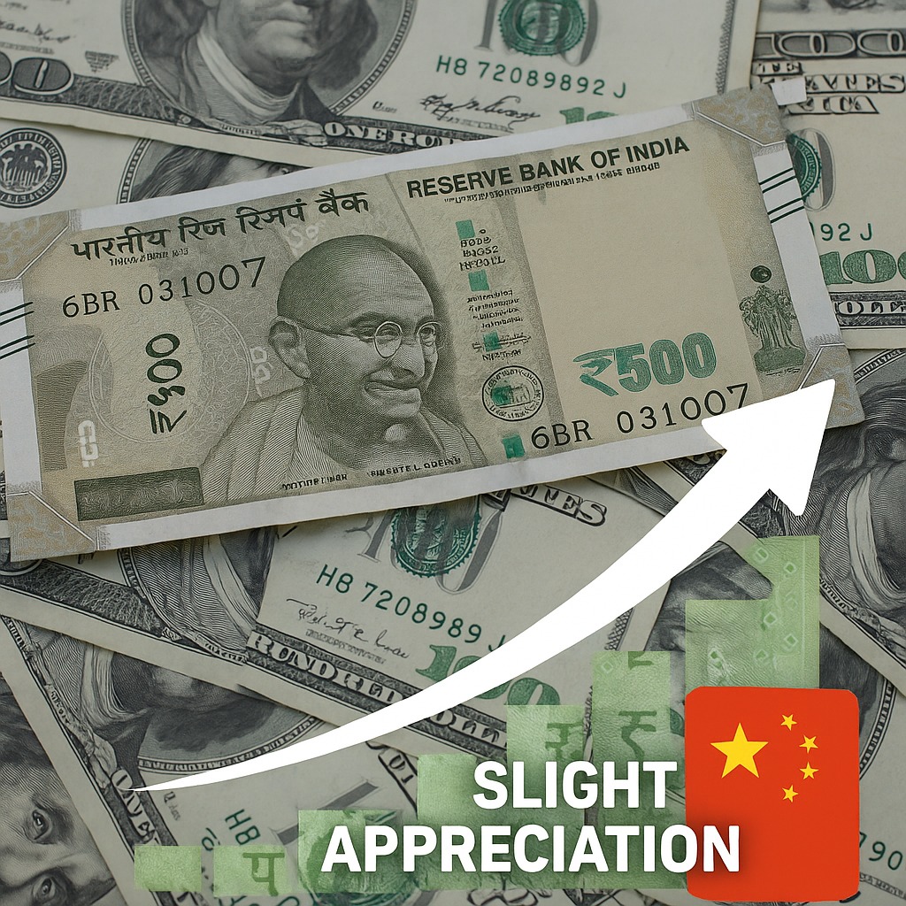 Indian rupee currency notes with USD background showing slight appreciation in exchange rate