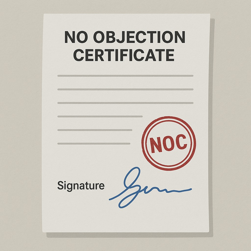 Document labeled No Objection Certificate (NOC) with stamp and signature illustration