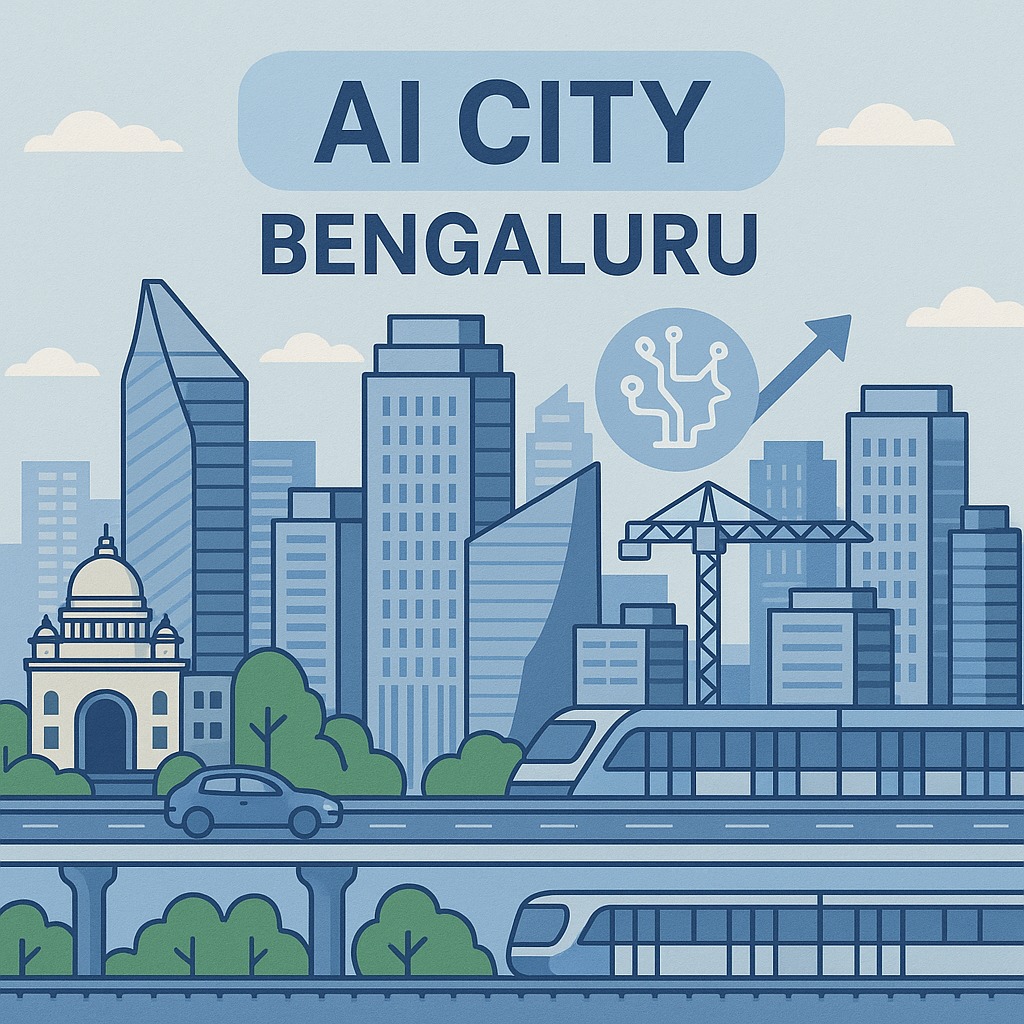 Skyline of Bengaluru with proposed AI City and infrastructure development visuals