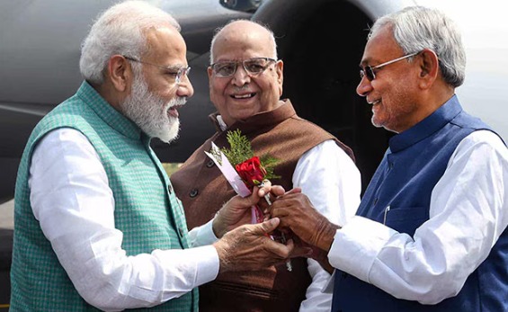 Nitish Kumar greeting supporters after being chosen NDA leader in Bihar