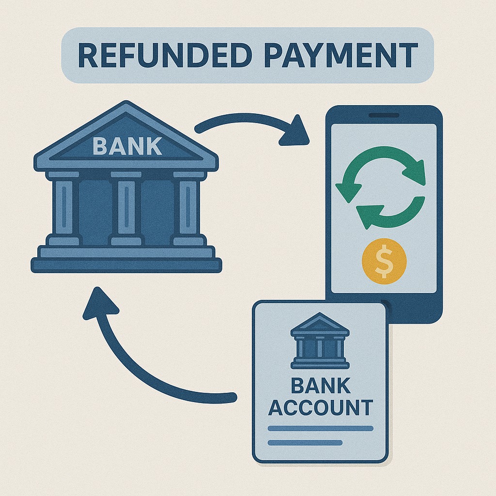 Illustration showing refunded payment being reversed back to customerβs bank account
