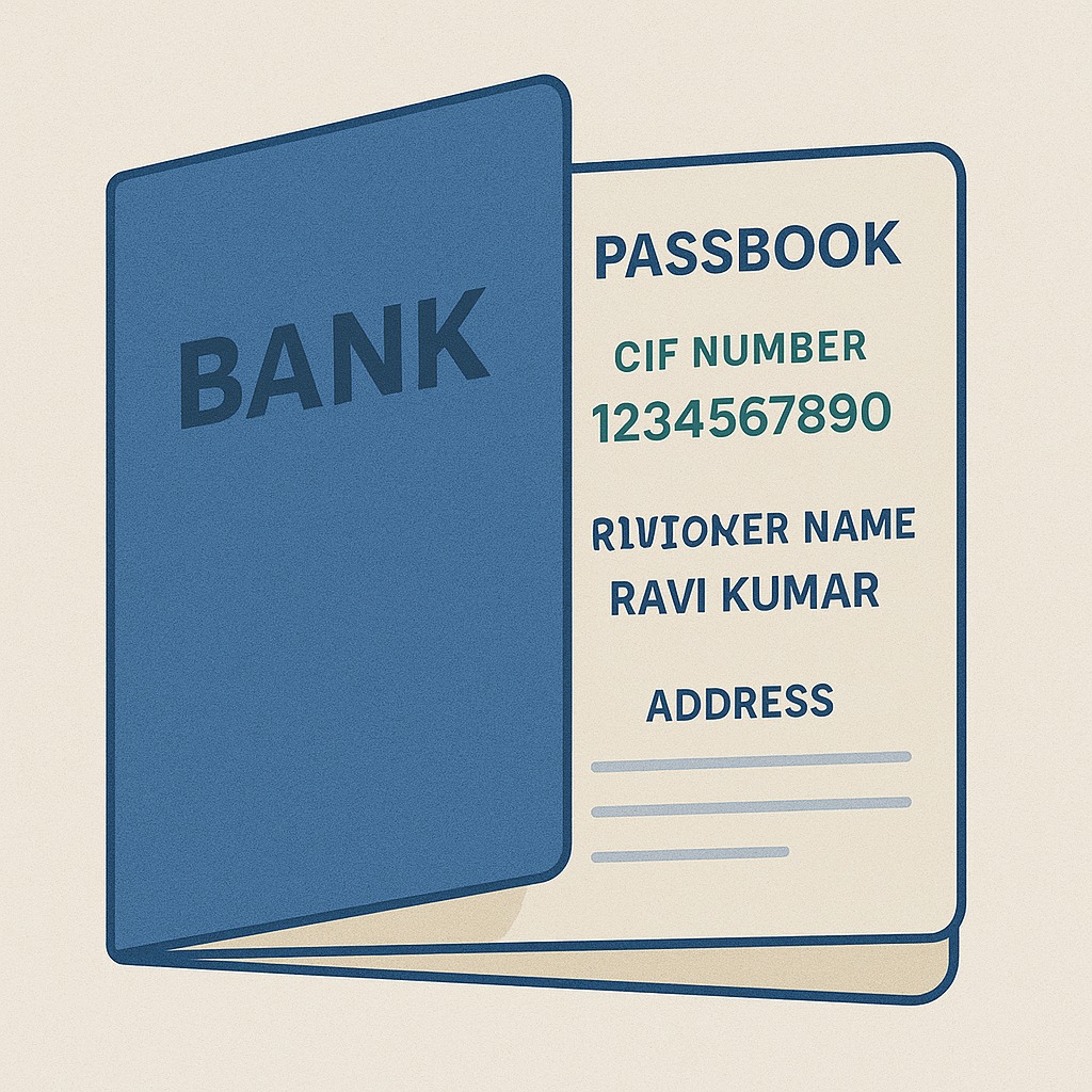 Bank passbook displaying CIF number and customer details