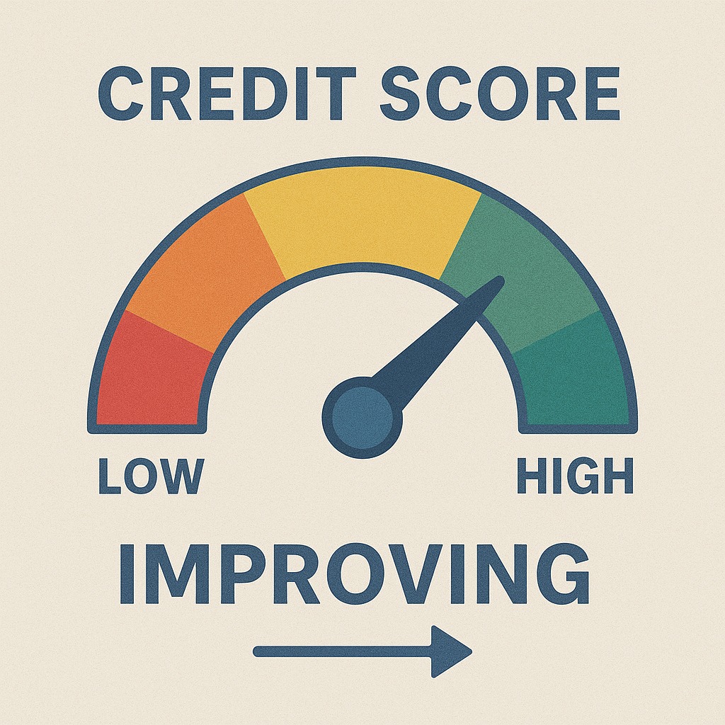 Credit score improving from low to high on a digital meter representing credit repair