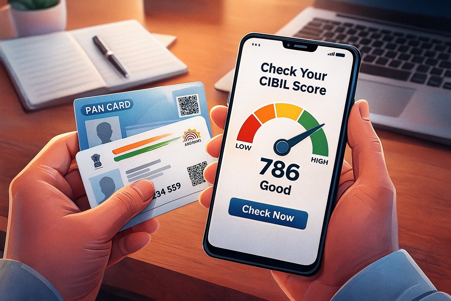 Person checking CIBIL score online using PAN card and Aadhaar card