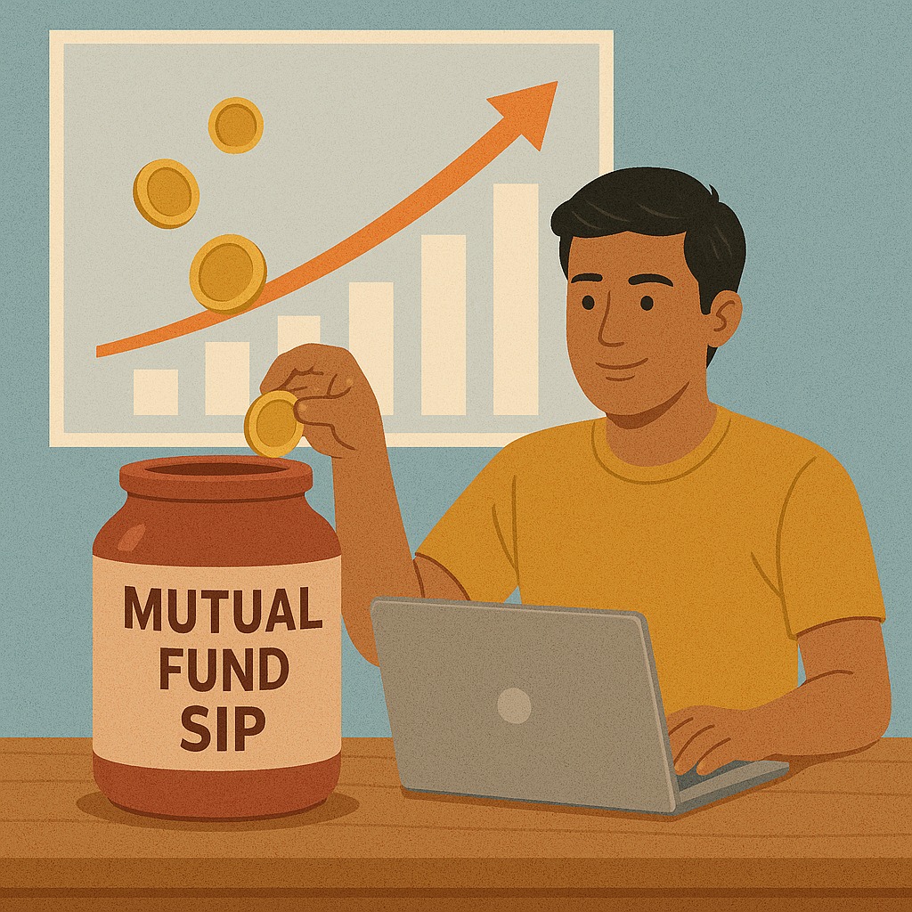 Illustration of a person investing in mutual fund SIP with rising investment chart