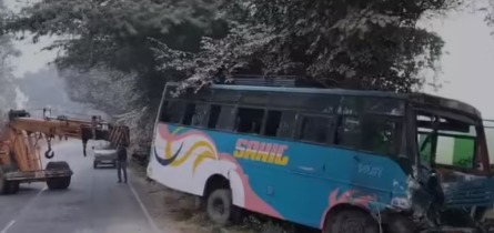 Damaged bus on a highway after a road accident in Uttar Pradesh’s Hardoi district
