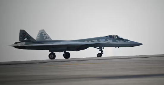 Sukhoi Su-57 stealth fighter jet with India-Russia flag mashup