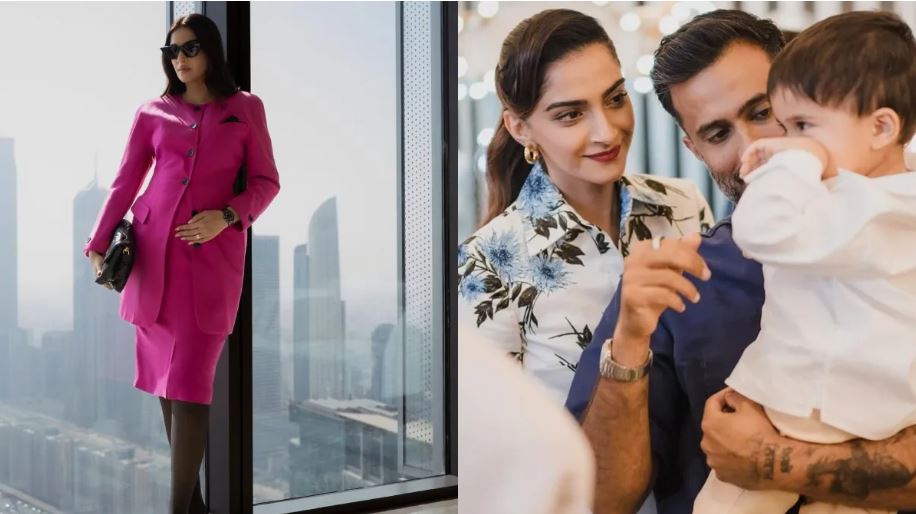 Sonam Kapoor in a pink Princess Diana-inspired wool suit, cradling her baby bump