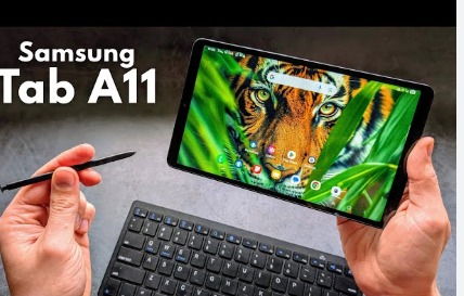 Samsung Galaxy Tab A11+ tablet with stylus placed beside it on a desk