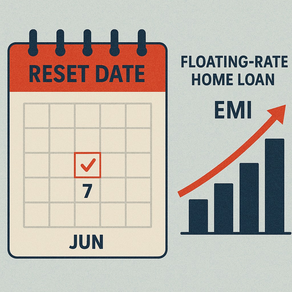 Calendar showing reset date on floating-rate home loan with rising EMI chart