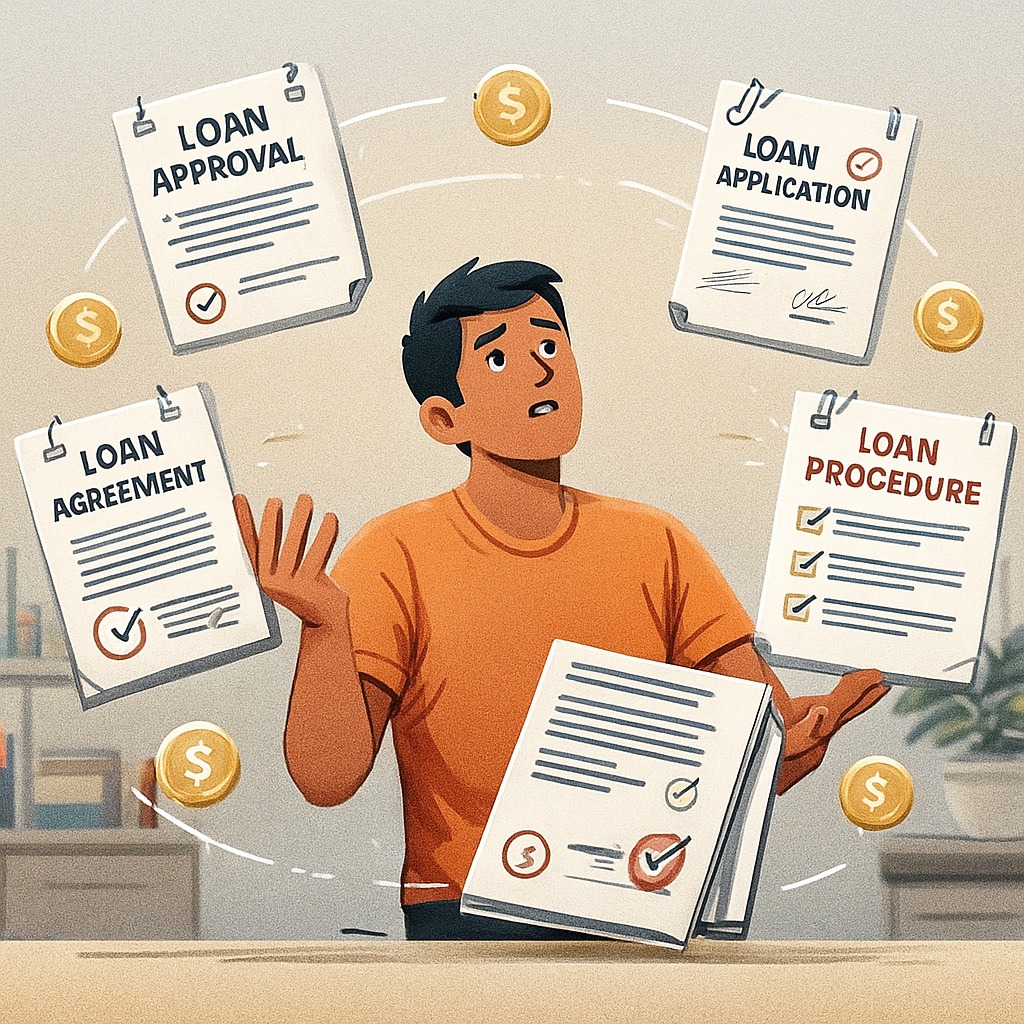 Person juggling multiple loan documents, symbolizing loan stacking risk