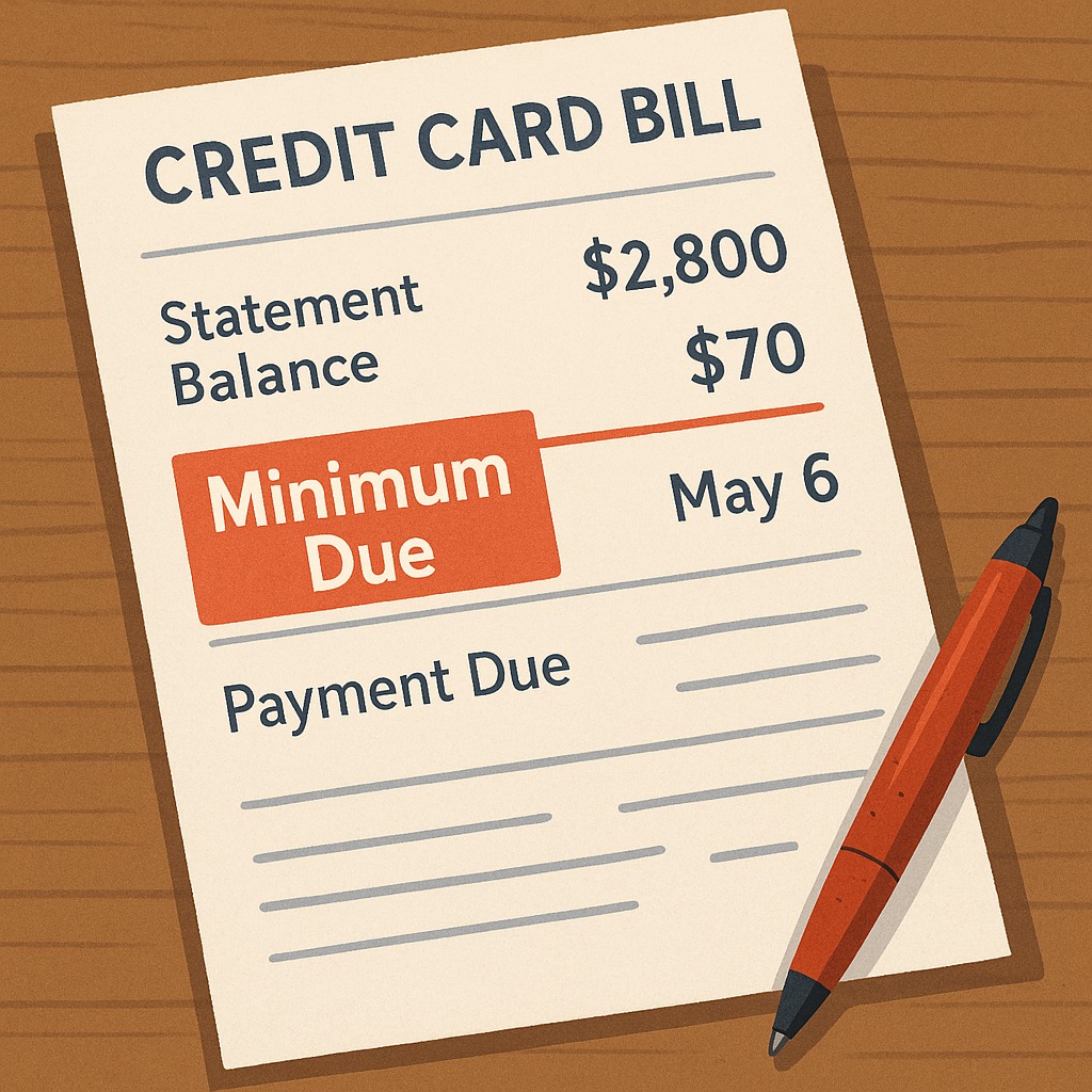 Credit card bill showing minimum due highlighted, symbolizing debt trap psychology