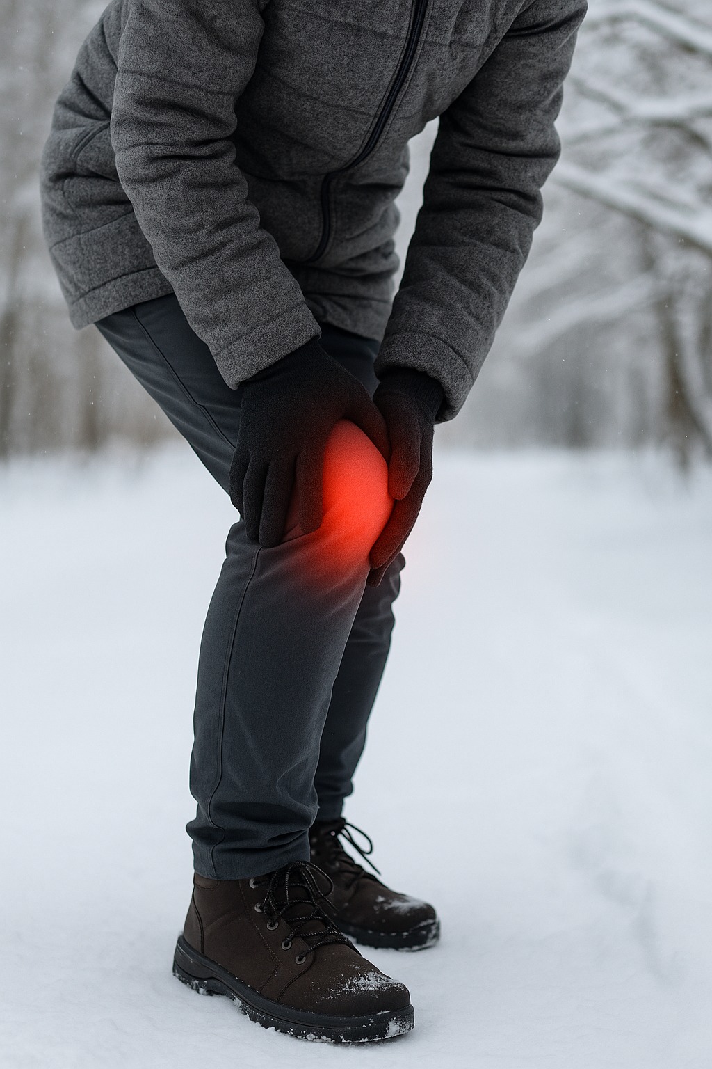Person holding knee in winter, showing joint pain and stiffness