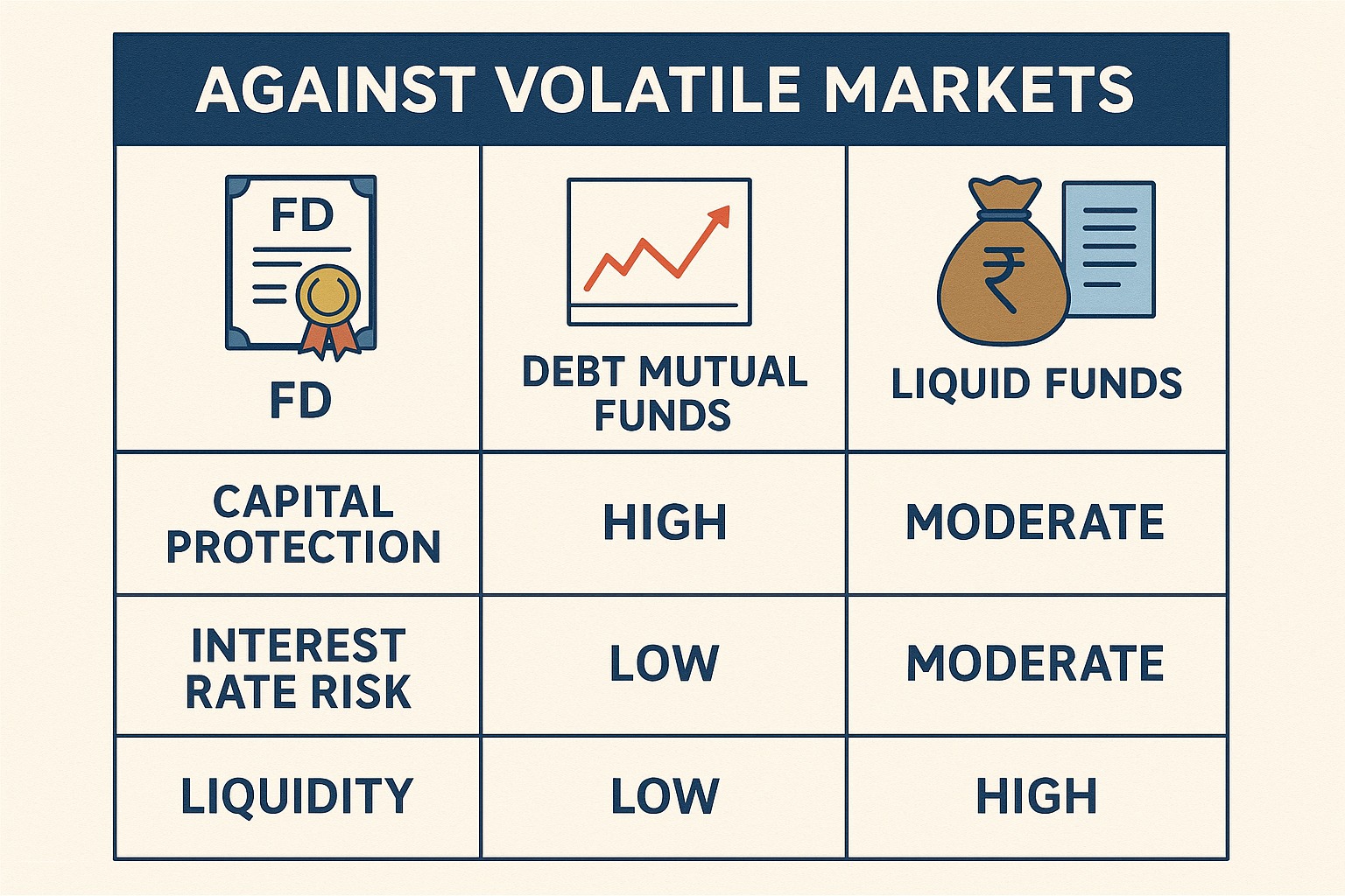 Comparison chart of FD, debt mutual funds, and liquid funds for volatile markets
