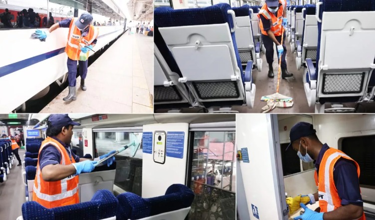 Vande Bharat Express stationed at platform with housekeeping staff preparing for cleaning