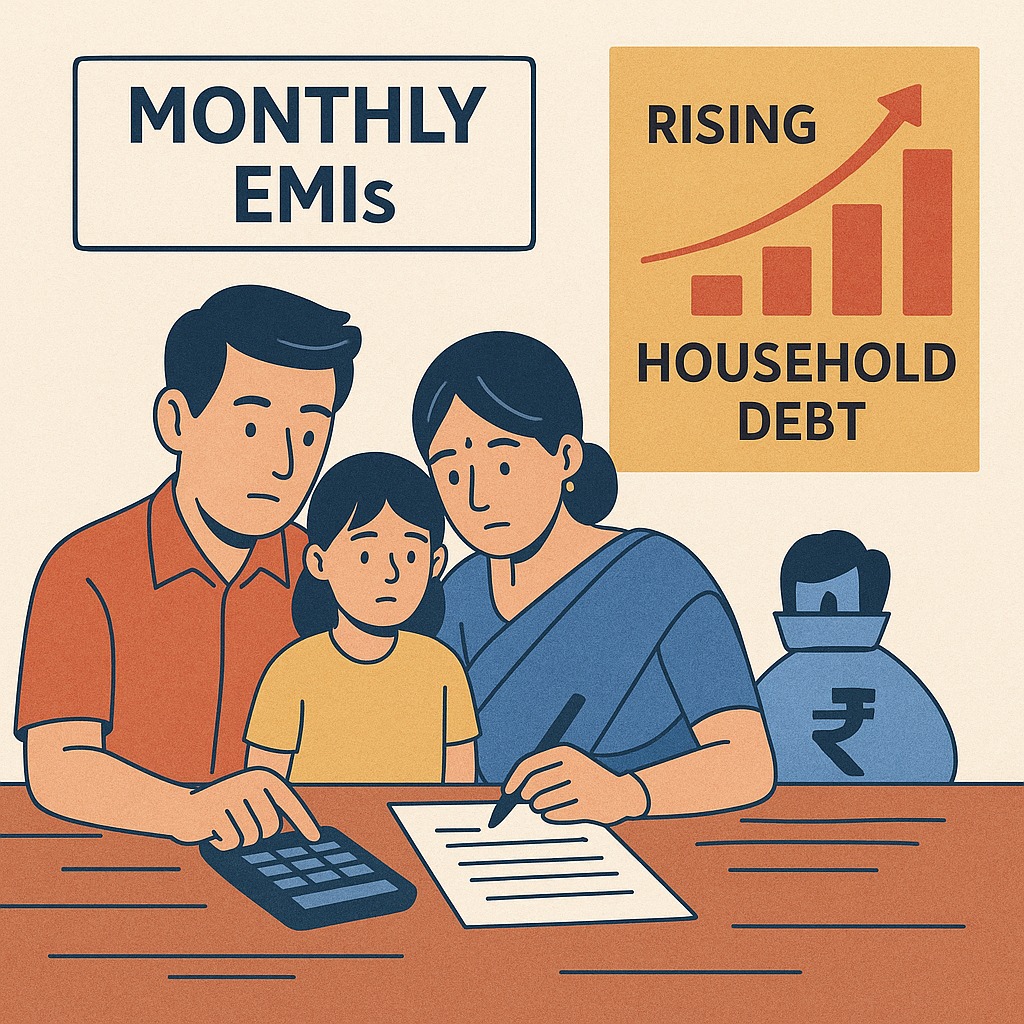 Indian family calculating monthly EMIs and rising household debt