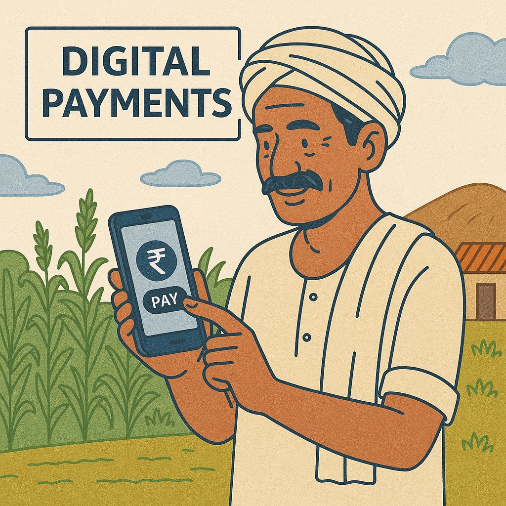 Farmer using mobile phone for digital payments in rural India