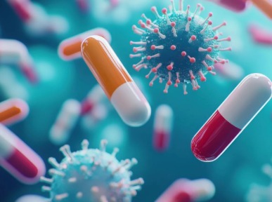 Antibiotic pills and warning label highlighting global resistance crisis