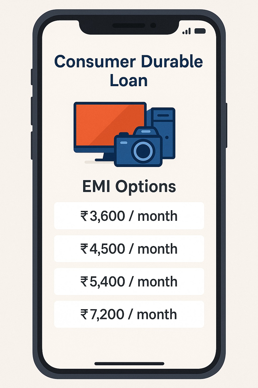 Consumer durable loan EMI options displayed for electronics purchase
