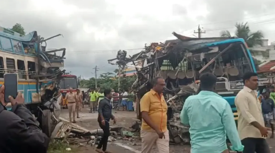 “Damaged buses after a head-on collision in Tenkasi, Tamil Nadu leaving multiple casualties”