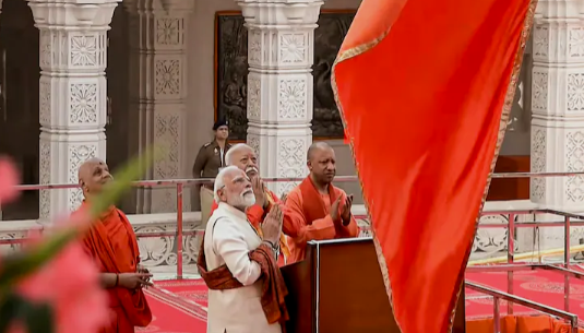 PM Modi hoisting the national flag at Ayodhya Temple ceremony
