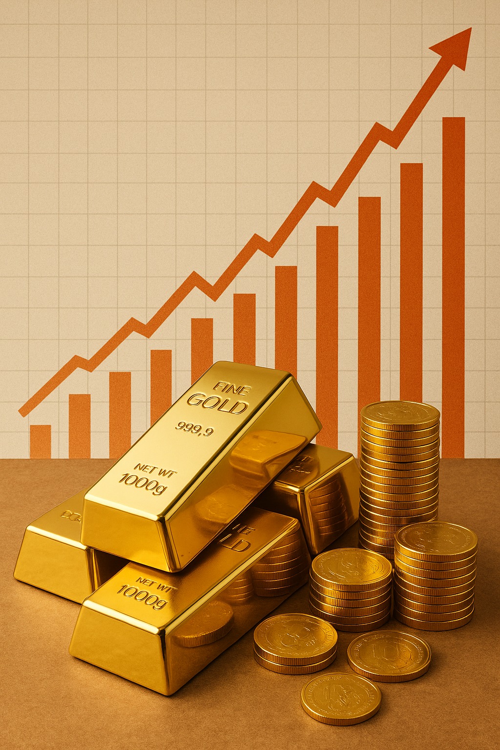 Gold bars and coins displayed with rising price chart in background