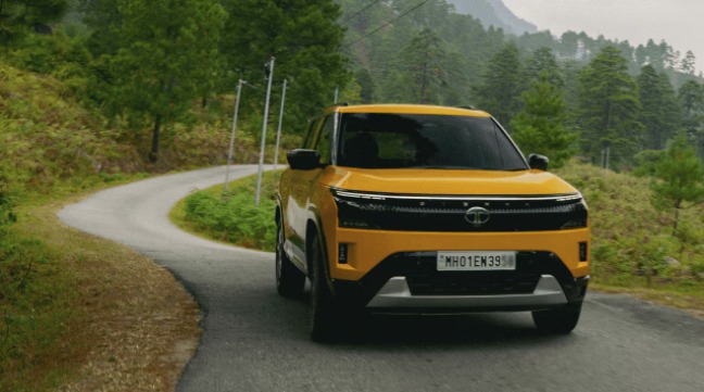 New 2025 Tata Sierra SUV showing front view, rear profile and interior dashboard with triple screens