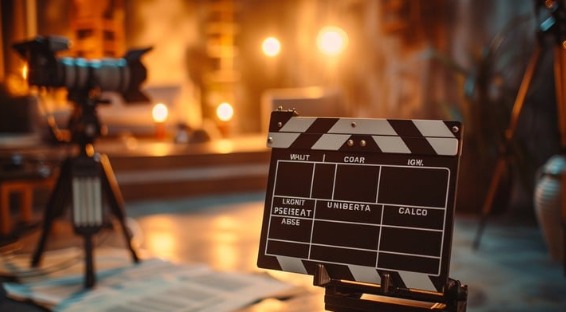 Clapperboard and camera on low-budget film set representing 2025 indie hit
