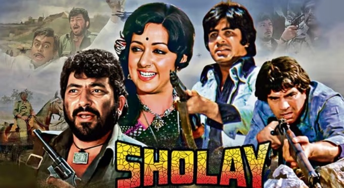 Restored 4K poster of Sholay featuring Dharmendra and Amitabh Bachchan