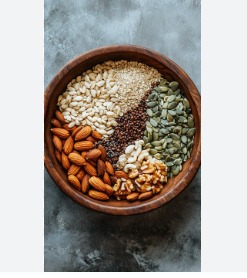 Assorted healthy seeds including chia, flax, coriander, and pumpkin displayed on a wooden surface