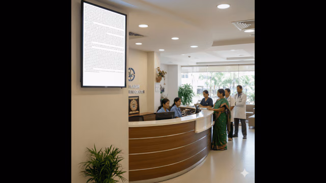 "Hospital reception display board showing services, rates, and ambulance information for patient transparency"