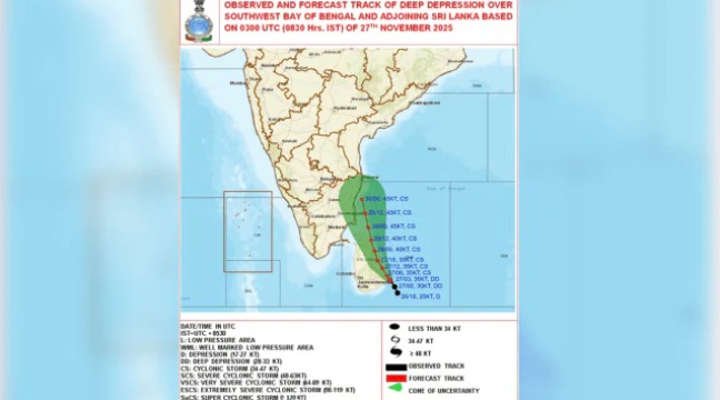 Satellite image showing cyclone formation over the Bay of Bengal approaching Tamil Nadu and coastal Andhra Pradesh.