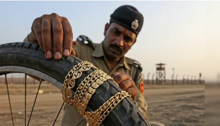 Bicycle with tyre removed and gold bars displayed during border smuggling seizure