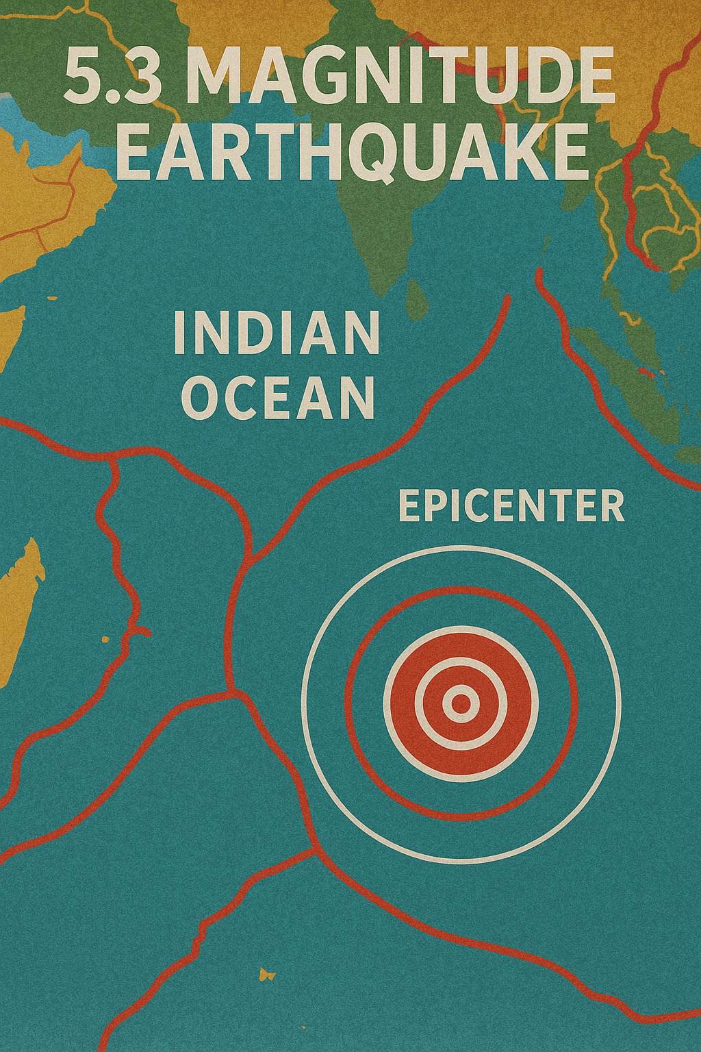 Seismic activity map showing 5.3 magnitude earthquake epicenter in the Indian Ocean with fault lines