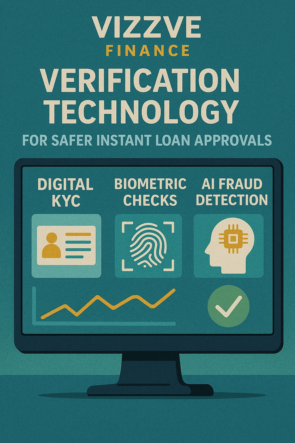 Vizzve Finance verification technology dashboard showing digital KYC, biometric checks, and AI fraud detection features used for safer instant loan approvals