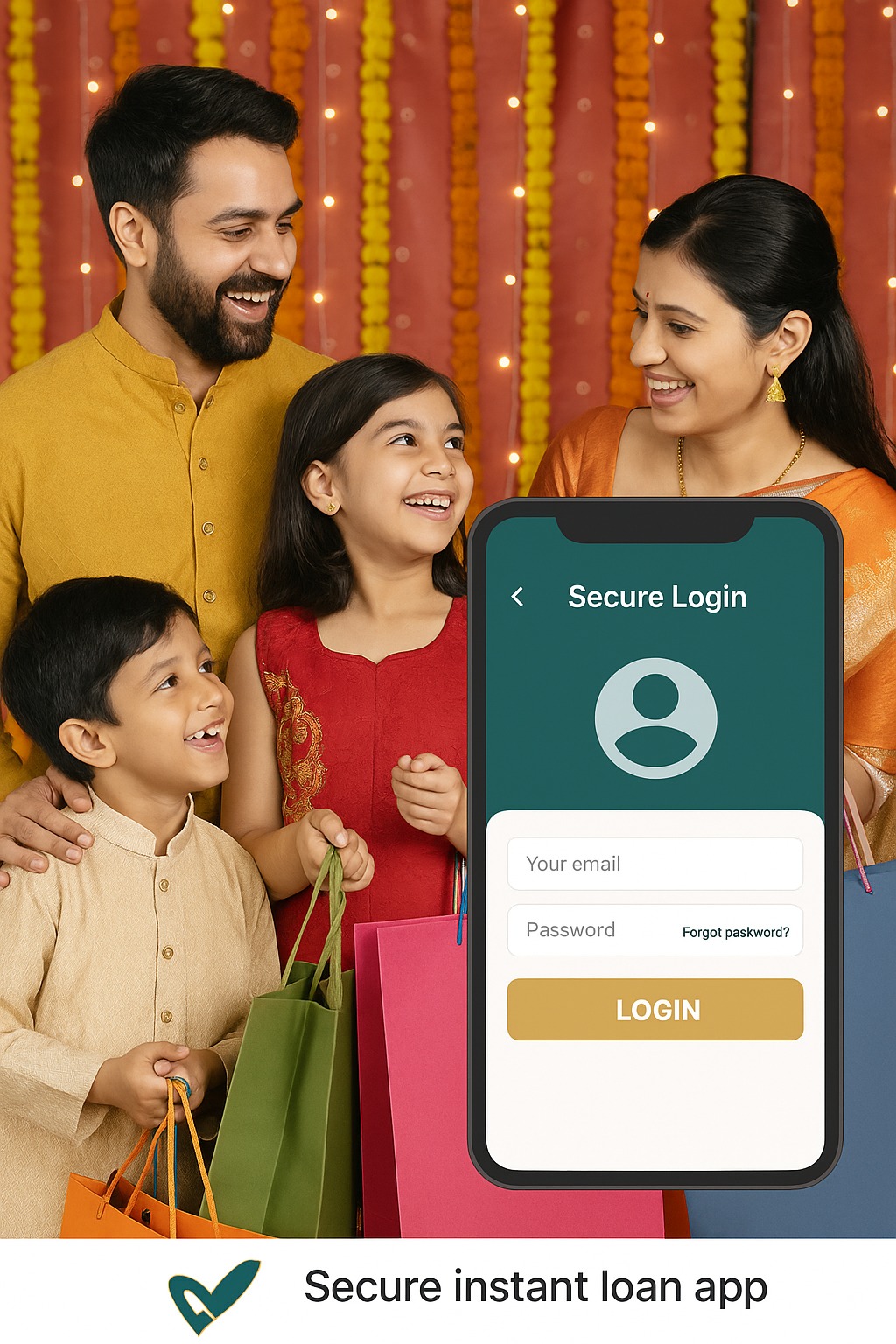Happy family shopping during Indian festival, overlay of secure instant loan app screen on smartphone with Vizzve Finance logo