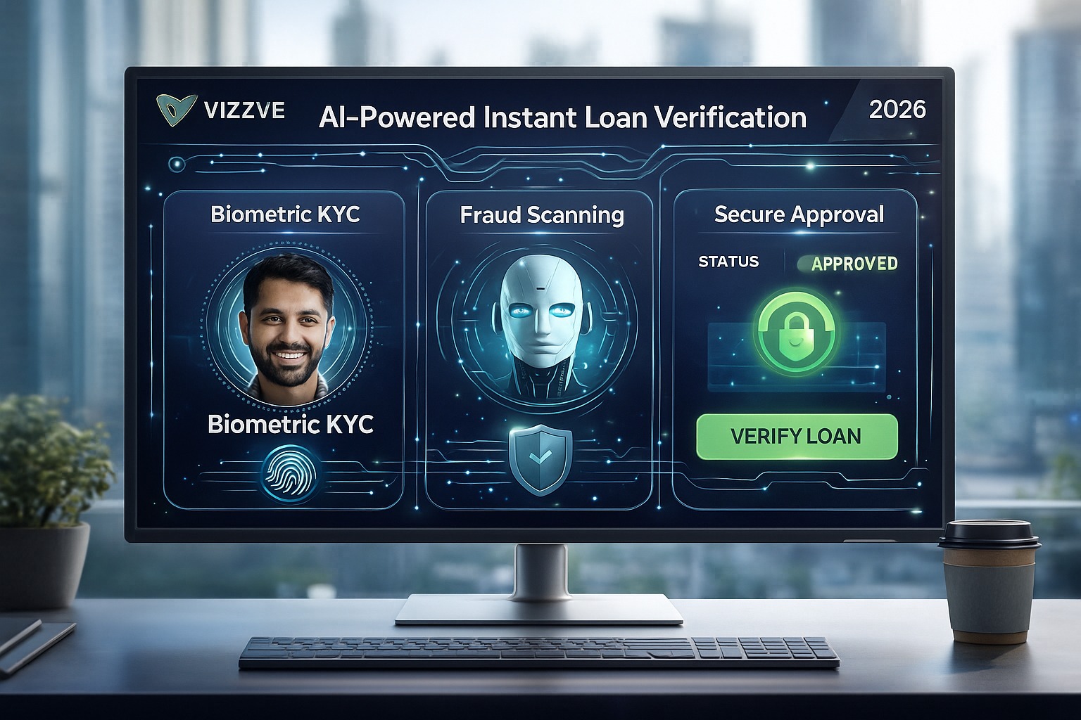 AI-powered instant loan verification dashboard showing biometric KYC, fraud scanning, and secure approval features of Vizzve Finance in 2026.”