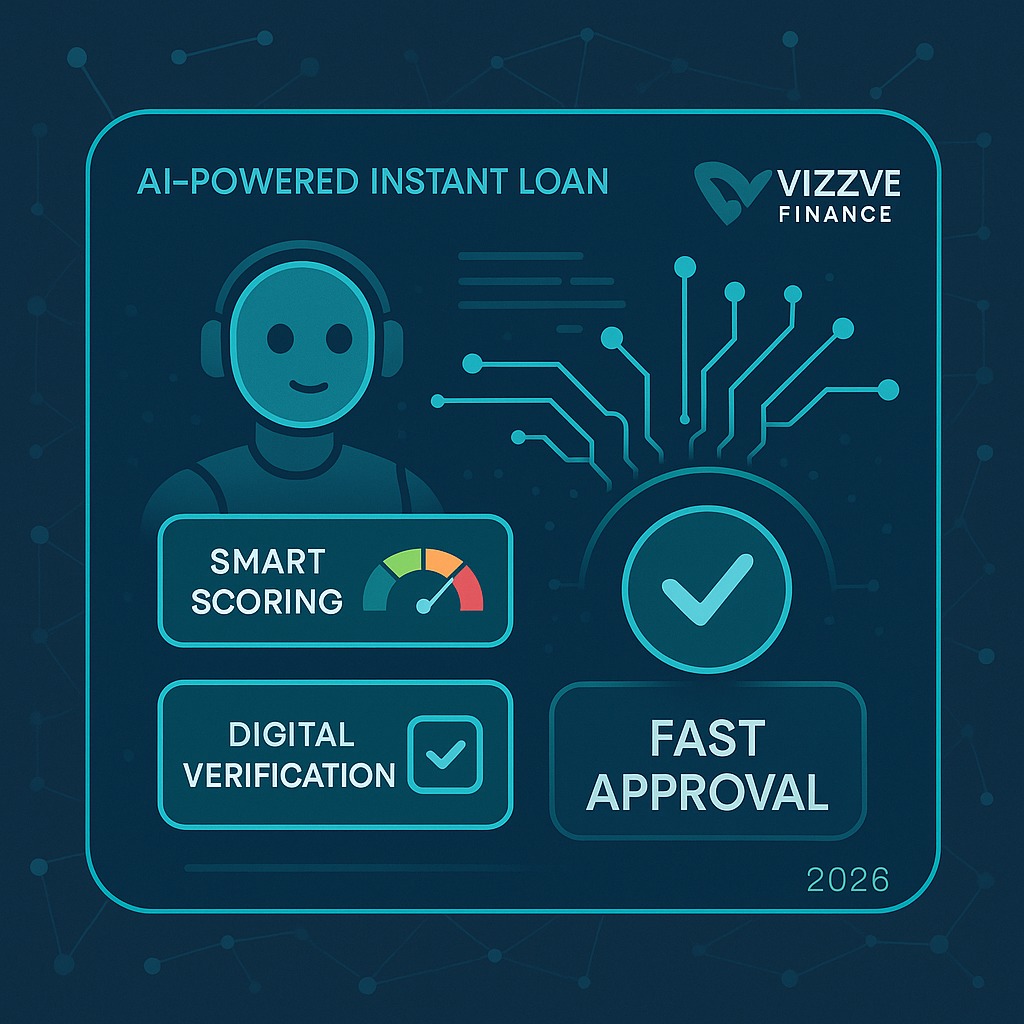 AI-powered futuristic instant loan dashboard showing smart scoring, digital verification, and fast approval processes for Vizzve Finance in 2026.