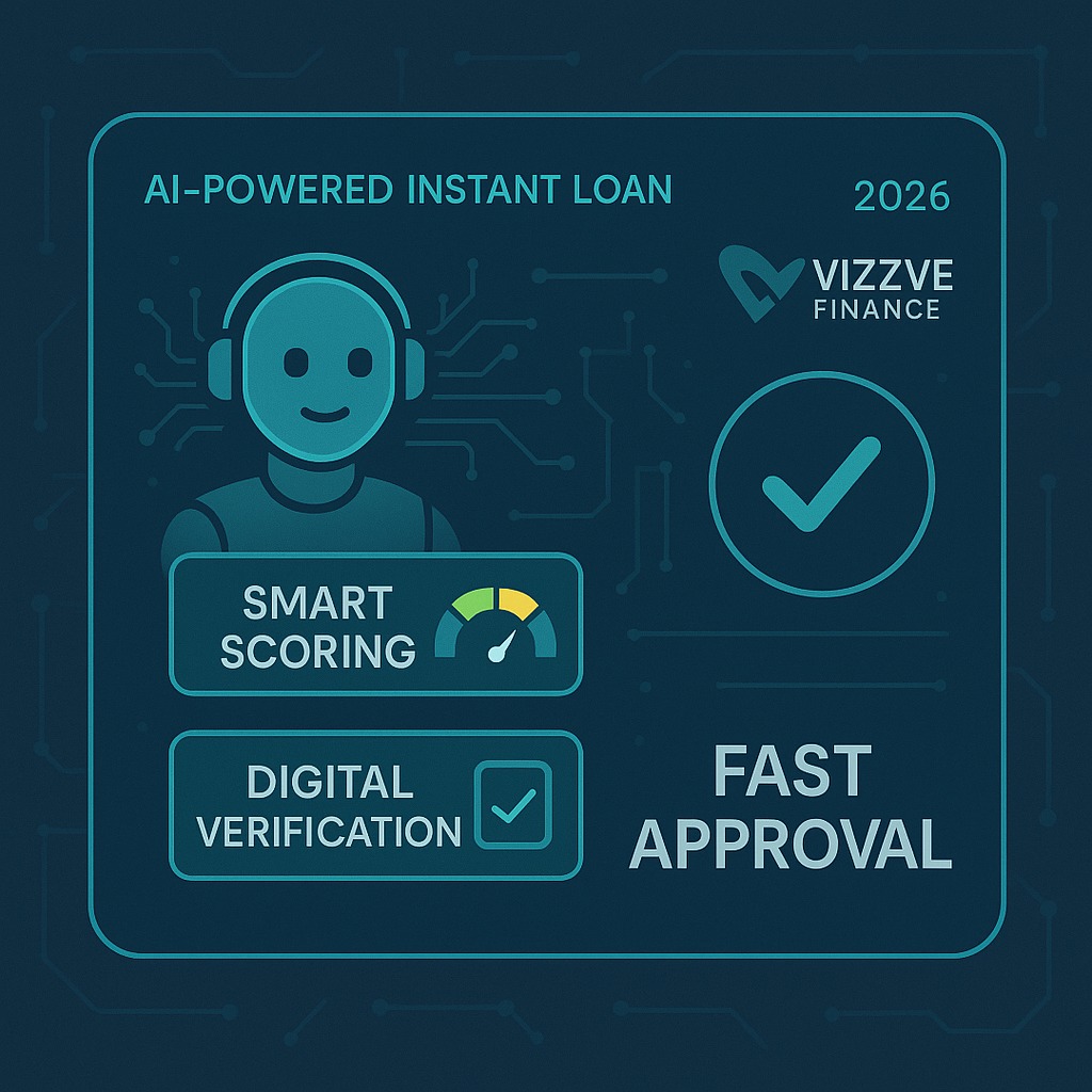 AI-powered futuristic instant loan dashboard showing smart scoring, digital verification, and fast approval processes for Vizzve Finance in 2026